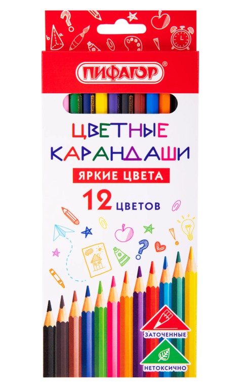 Карандаши цветные ПИФАГОР ЭКО КЛАССИК, 12 цветов, шестигранные, 182048