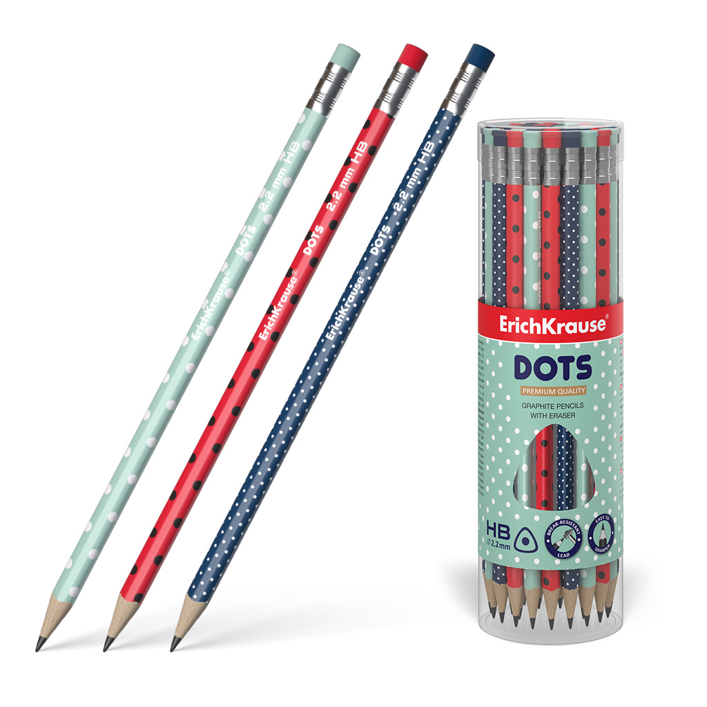 Карандаш чернографитный Erich Krause Dots HB c ласт., трехг., ассорти из 3 диз.,заточ., 56009