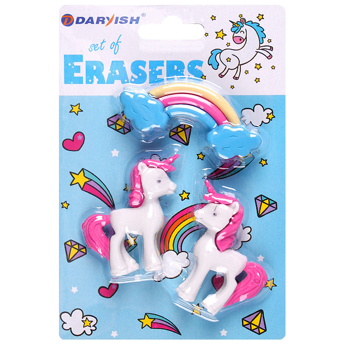 Набор ластиков Darvish 'Единорожки' 3 шт., картон. блистер, европодвес, DV-12467
