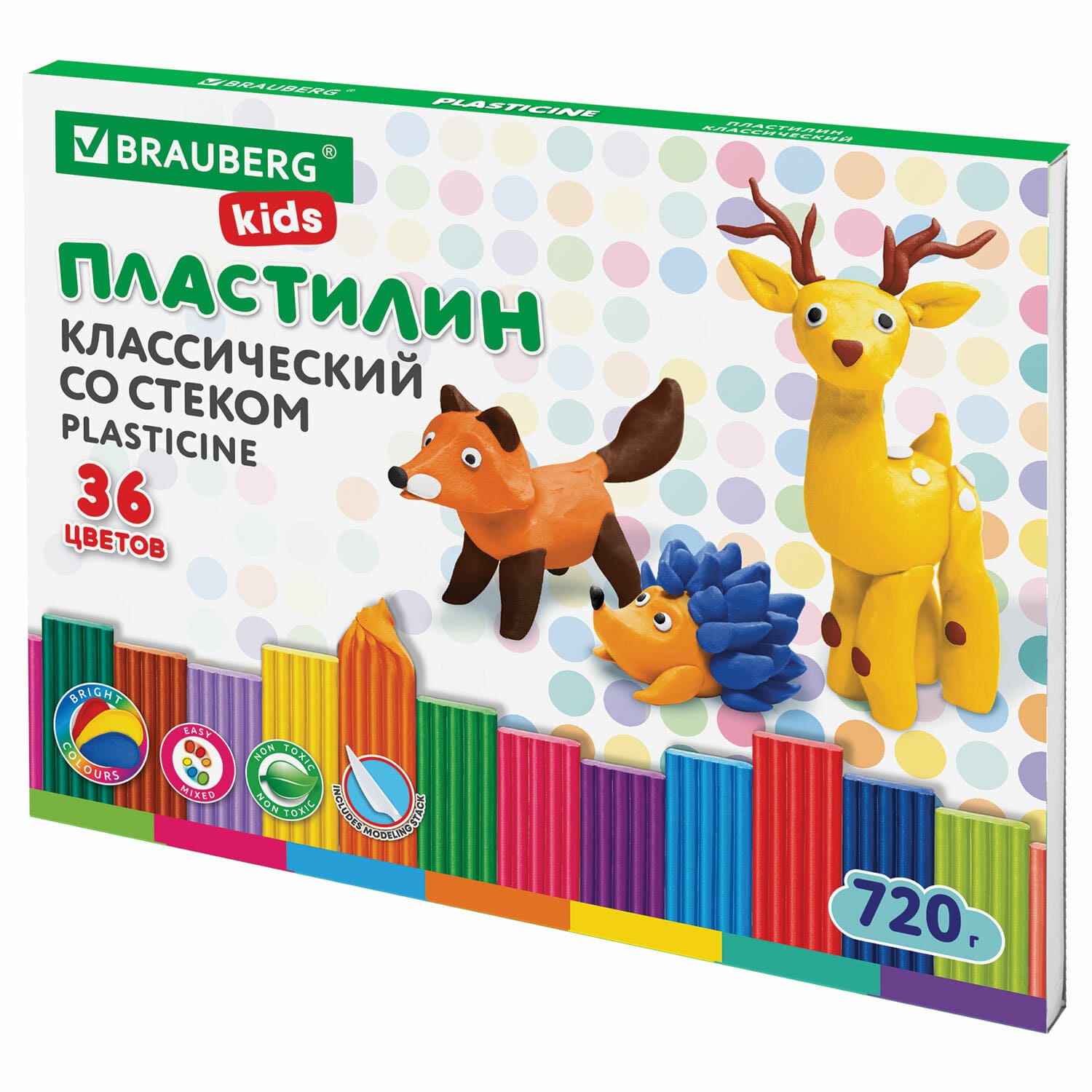 Пластилин 36 цв. BRAUBERG KIDS, 720 г, со стеком, 106438