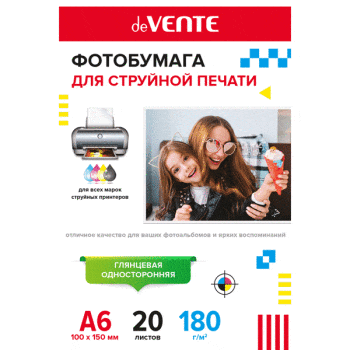 Фотобумага для струйной печати 'deVENTE' A6, 20 л, 180 г;м², глянцевая односторонняя, 2042902