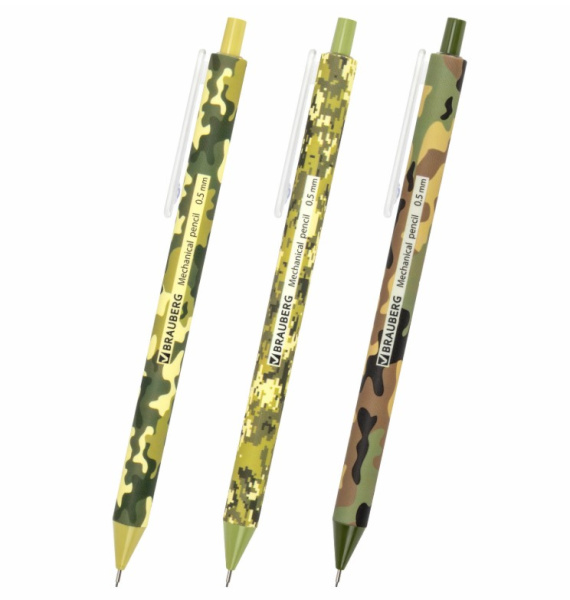 Карандаш механический 0,5 мм, BRAUBERG SOFT PRINT MILITARY, HB, корпус soft-touch ассорти, 181959
